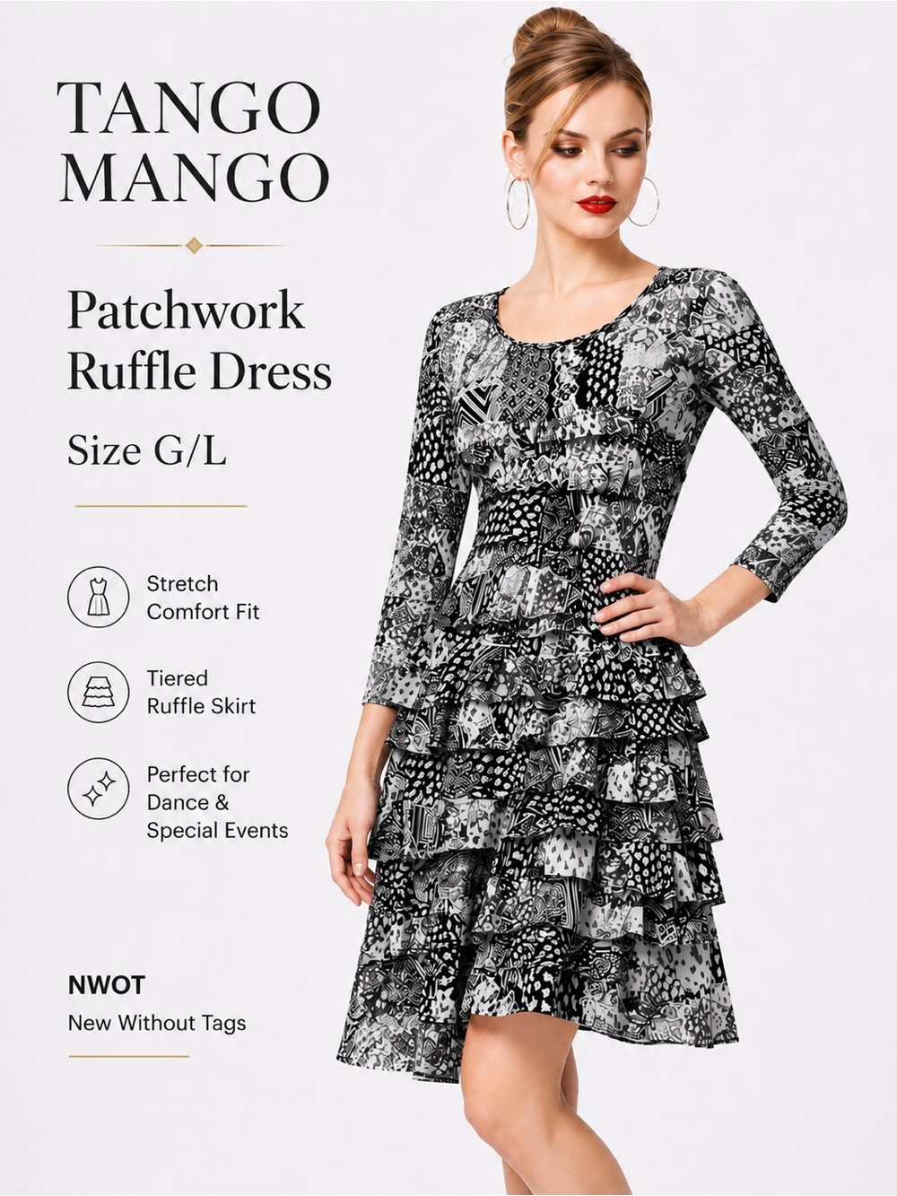 Tango Mango Patchwork Ruffle Dress Stretch Tiered Party Dress G/L
